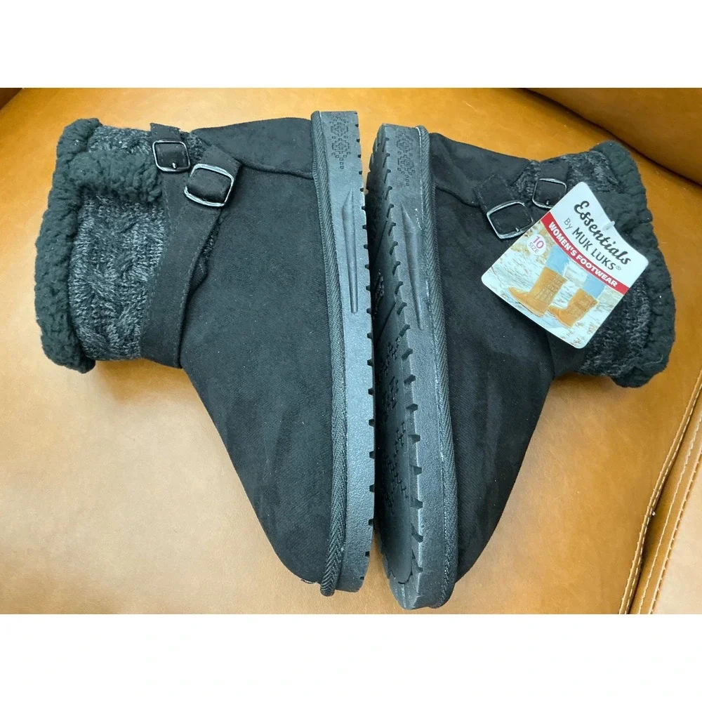 Muk Luks Ankle Boots Womens 10 Ebony New Faux Suede Fur Knit Trim